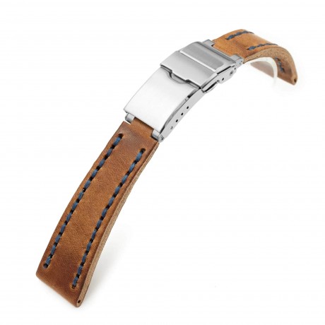 20mm Brown Griffon One-Piece Handcrafted Italian Leather Watch Band, Blue Stitch