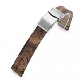 20mm Italian Handmade Vintage Brown Laser Engraved Leather Watch Band, One-piece V-clasp, Green St.