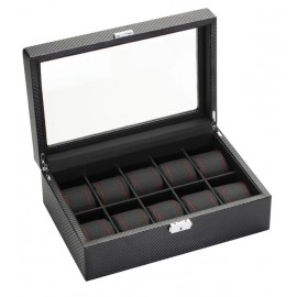 10 Piece Carbon Fiber Watch Box With Red Stitch Trim