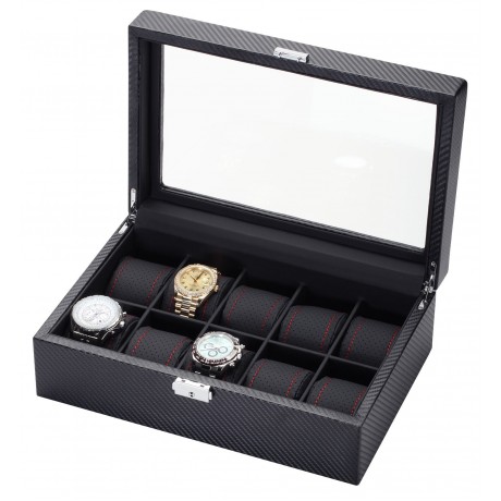 10 Piece Carbon Fiber Watch Box With Red Stitch Trim