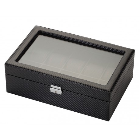 10 Piece Carbon Fiber Watch Box With Red Stitch Trim