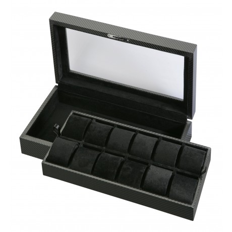 12 Piece Carbon Fiber Watch Box With Clear Top